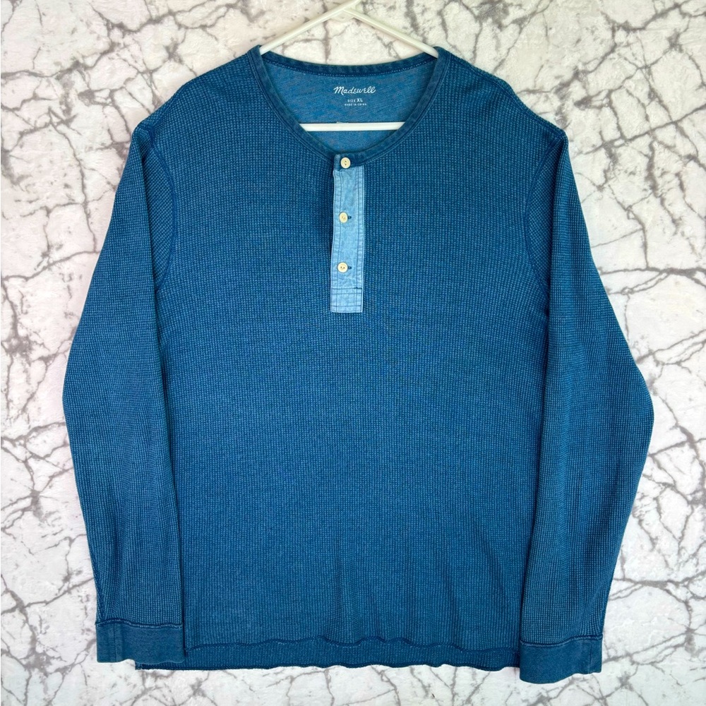 MADEWELL Thermal Henley Shirt Men's XL Slate Blue Long Sleeved Three Button Neck